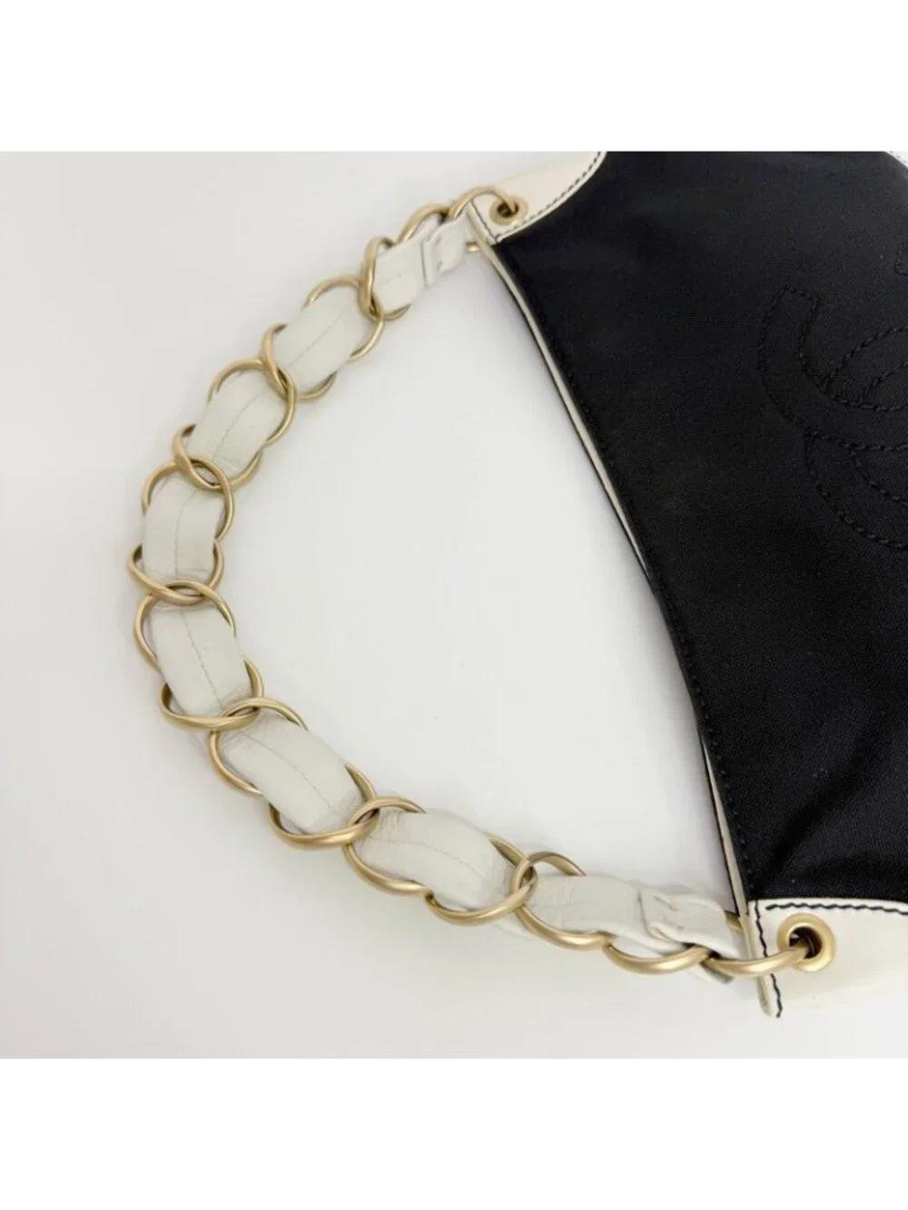 Chanel CC Logo Chain Shoulder Bag Canvas Leather Black White Gold Vintage